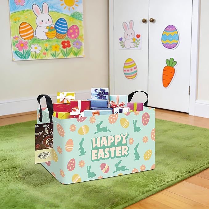 Rectangle Canvas Foldable Storage Basket for Nursery, Green Easter Egg | Portable and collapsible cloth receptacle. Stores pet essentials, daily use items. Folds flat when not in use