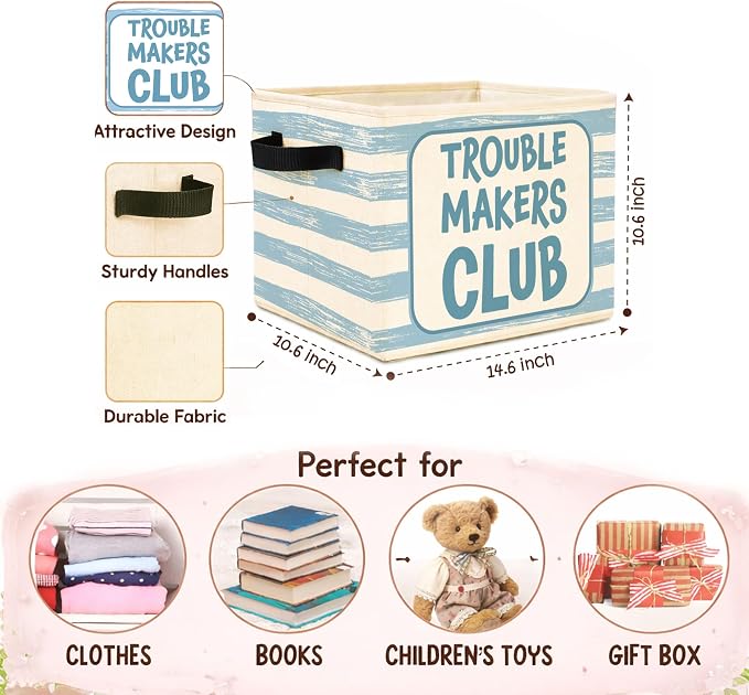 Trouble Makers Storage Bin, Foldable Fabric Basket for Bedroom | Foldable fabric storage bin with funny blue stripe design for toys, books, clothes, nursery, bedroom, and playroom use.