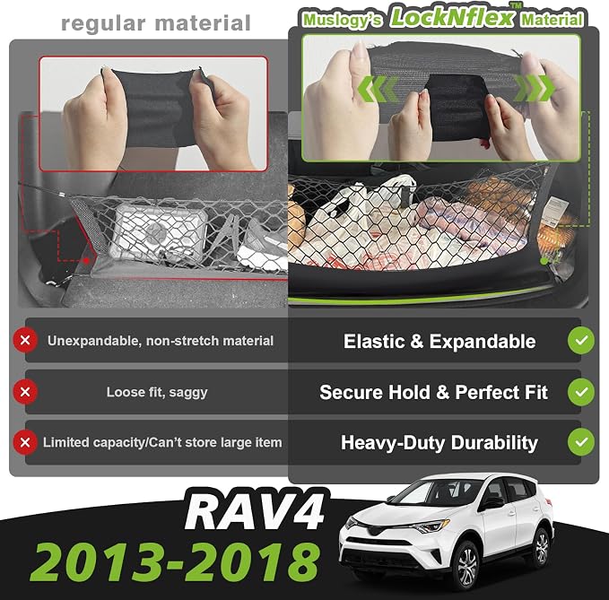 Muslogy Cargo Net for Toyota RAV4 2013-2018 Accessories | Custom Fit, Trunk Storage Organizer Net for SUV Sedan Van Divider, with Heavy Duty Carabiners, Night Visible Grab Handle