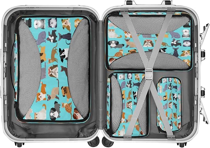 Cute Cat Dog Packing Cubes for Travel, Luggage Packing Organizers, Set Funny Puppy Kitten Travel Accessories Large Toiletries Bag for Clothes Shoes Cosmetics Toiletries