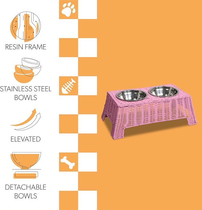 Serenity 6.9" Small Medium Elevated Wicker Pet Feeder with 2 Removable 18oz 2.2 Cup Stainless Steel Bowls Dishwasher Safe Food Water Station for Dogs Cats, Light Green DBL4000Y