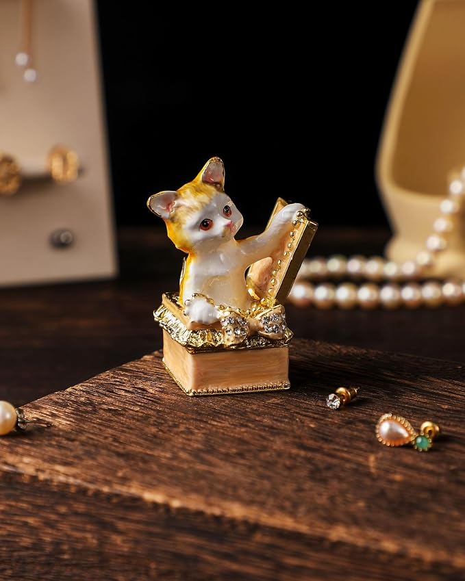 Hand Painted Trinket Box Enamel Vintage Jewelry Box Hinged Metal Jewelry Organizer Decorative Treasure Box Unique Gifts Box Cat
