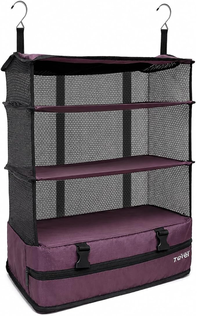 Stow-N-Go Hanging Travel Shelves, Packing Organizer for Luggage. Carry on Closet for Suitcase. Expandable Packing Cube. Travel Essentials. (Burgundy, XL = (L) 17.7" x (W) 11.8")
