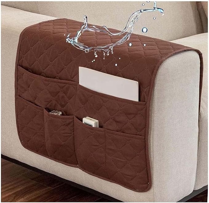Sofa Armrest Organizer Waterproof Armchair Caddy for Couch Holder Recliner Non Slip with 6 Pockets Magazine Covers Chairs Sofas Arm Twist Pin Furniture Protector Slipcovers(Coffee)