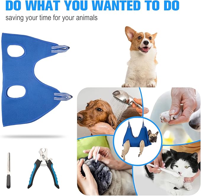 Kkiimatt 10 in 1 Pet Grooming Hammock Harness with Nail Clippers/Trimmer, Nail File, Comb,Dog Nail Hammock, Dog Grooming Sling for Nail Trimming/Clipping (XXL/Under 120lb, Blue)