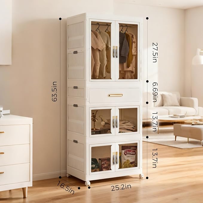 Portable Storage Closet Cabinet, Easy Assembly Wardrobe Organizer with Visualization Doors, Drawers, Hanging Rods, Rolling Wheels for Pet Dog Clothes, Toys