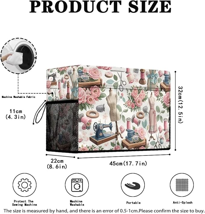 Sewing Machine Cover with Storage Pockets,Dust & Pet Hair Protection,Fits Standard Singer, Brother and Janome Machines, Protecting & Decorating Your Sewing Space Sewing Element(White)