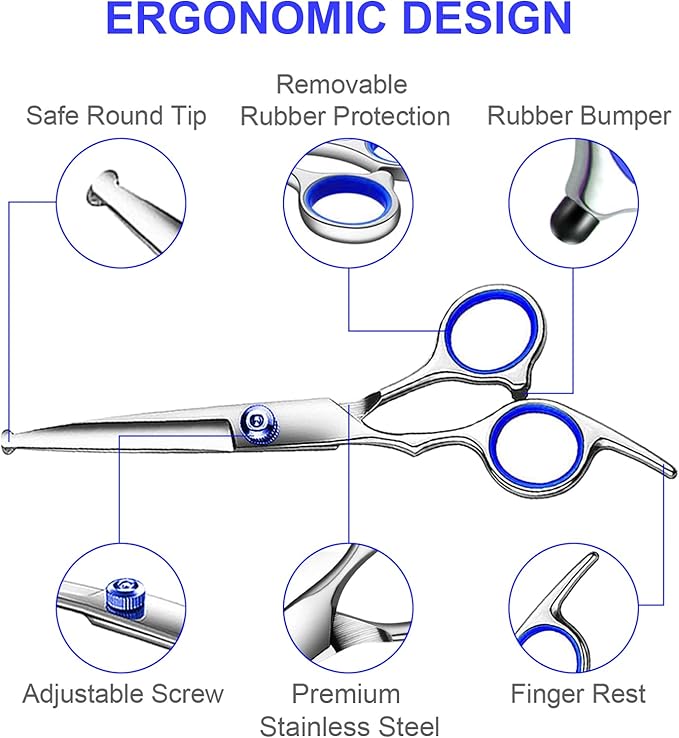 TINMARDA Professional Dog Grooming Scissors Kit, Titanium Coated 5 in 1 Stainless Steel Grooming Shears Kit with Straight, Curved and Thinning Scissors for Dogs, Cats and Pets at Home