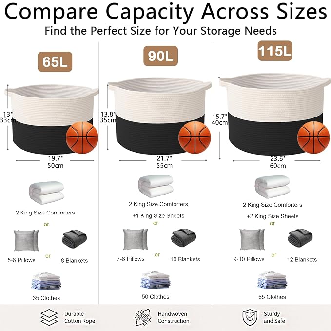 115L Extra Large Blanket Basket,Woven Laundry Basket-White&Black | Collapsible, reinforced handles, nursery storage bin organizes clothes, toys and pillows for living room, bedroom bathroom