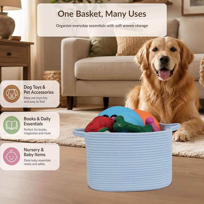 XUANGUO Woven Cotton Rope Storage Basket with Handles 13x10x9 inch Blue | Woven cotton rope basket for shelves and closets. Perfect for toys, books, clothes, nursery storage and gift baskets.