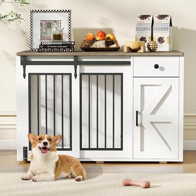 Verano Garden 44" Dog Crate Furniture, Dog Kennel (44" Right Facing Door) | 2-in-1, Lockable, Sliding Door, Removable Divider, Adjustable Shelf, Farmhouse, Heavy Duty, Small Medium Dogs, White