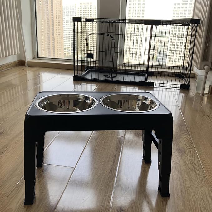 Elevated Dog Bowls Large Breed Raised Dogs Bowl Stand Large/Medium Sized Dog Stainless Steel Food Water Bowl Stands 5 Heights Adjustable 9/11/12/14in Black Pet Feeder Dish Station