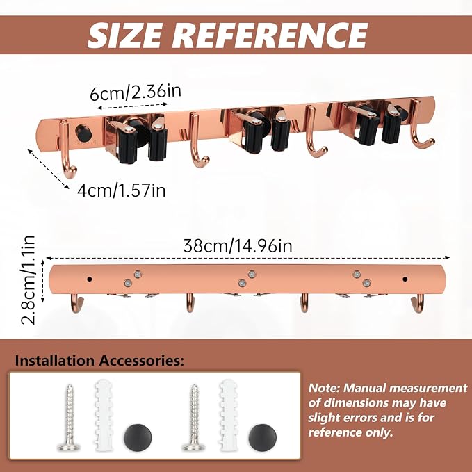 3 Racks and 4 Heavy Duty Hooks Mop and Broom Holder Wall Mount, Stainless Steel Broom Organizer Storage Utility Tool Racks for Home, Kitchen, Garage, Laundry Room. Rose Gold