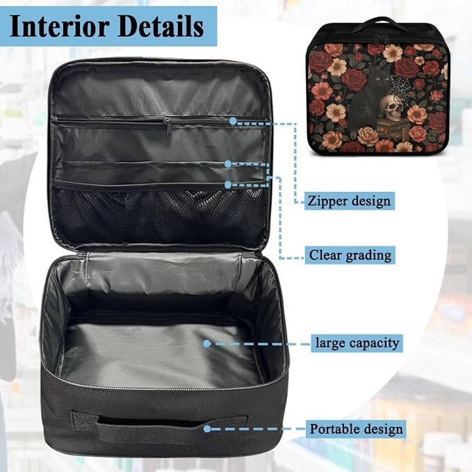Gothic First Aid Kit Bag Floral Skull Cat Empty First Aid Bag Large Capacity for Home Office and Travel Use Lightweight Washable Soft Fabric