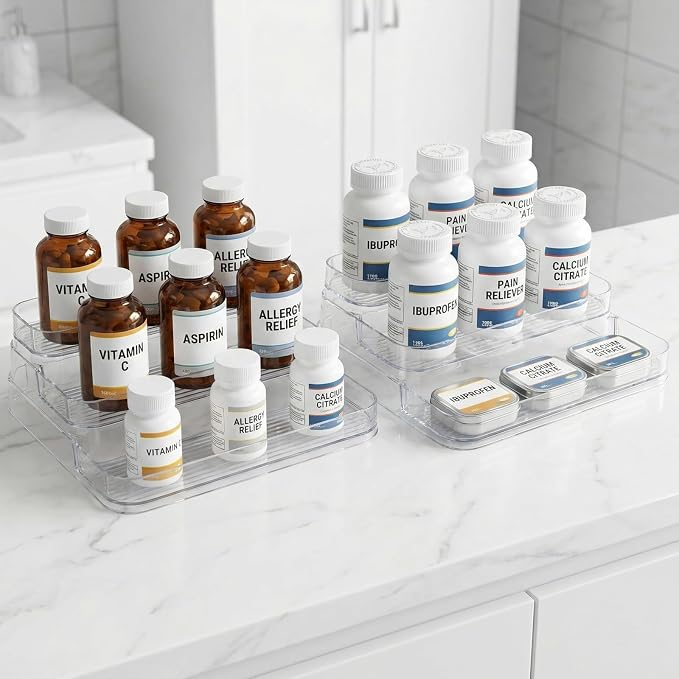 Medicine Cabinet Organizer 3 Tier Plastic Spice Organization for Cabinet Vitamin Organizer Countertop Step Shelf Makeup Organizer Countertop for Bathroom Kitchen Pantry Home Storage