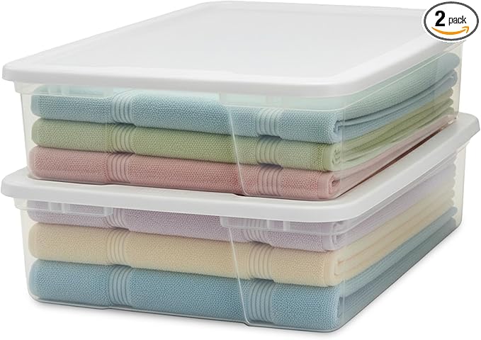 HOMZ Clear Plastic Storage Bins w/Snaplock Lids, 28 Qt, White, 2 Pack | Stackable Container Boxes for Bedroom, Bathroom, Garage, and Office Organization