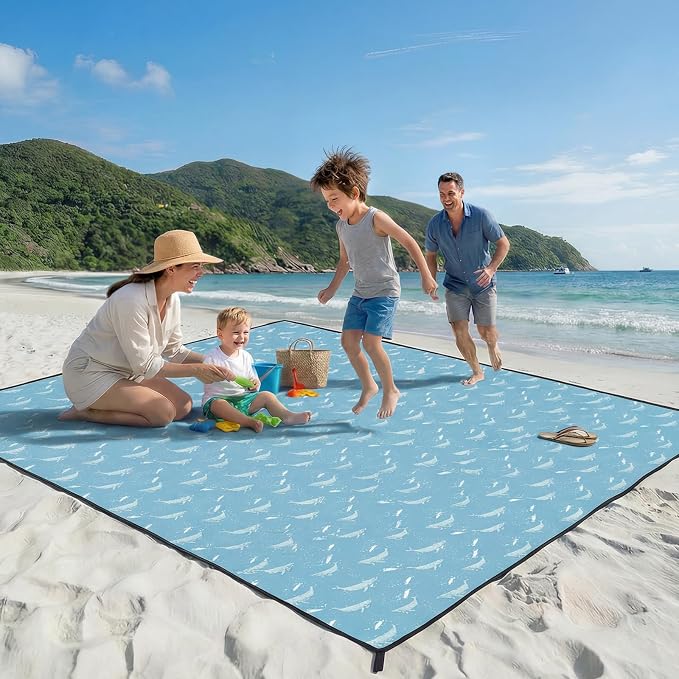 OIGAE Beach Blanket Waterproof Sandproof Oversized Beach Mat | Picnic Mat with Stakes, Storage Bag - Essentials for Outdoor Beach, Picnic,Quick-Dry Lightweight,Windproof Pockets