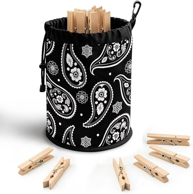 Paisley Pattern Clothespin Storage Bag, Drawstring Laundry Peg Organizer Pouch with Hanging Grommet, Portable Clips Holder for Drying Rack, Camping, RV & Dorm Use