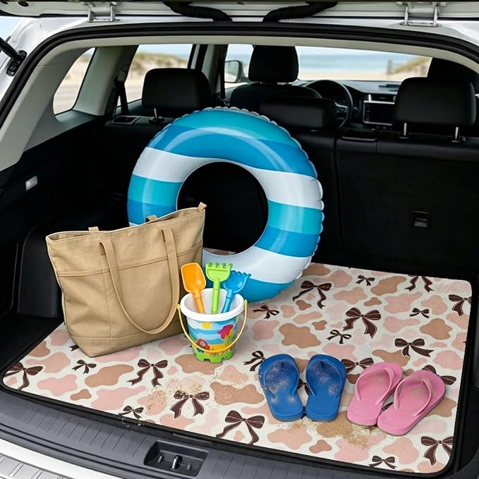 Howilath All Weather Pink Cow Print Bow Car Trunk Liner Cargo Liner Premium Polyester Non-Slip Trunk Mat for SUV Sedan Vehicle Interior Accessories