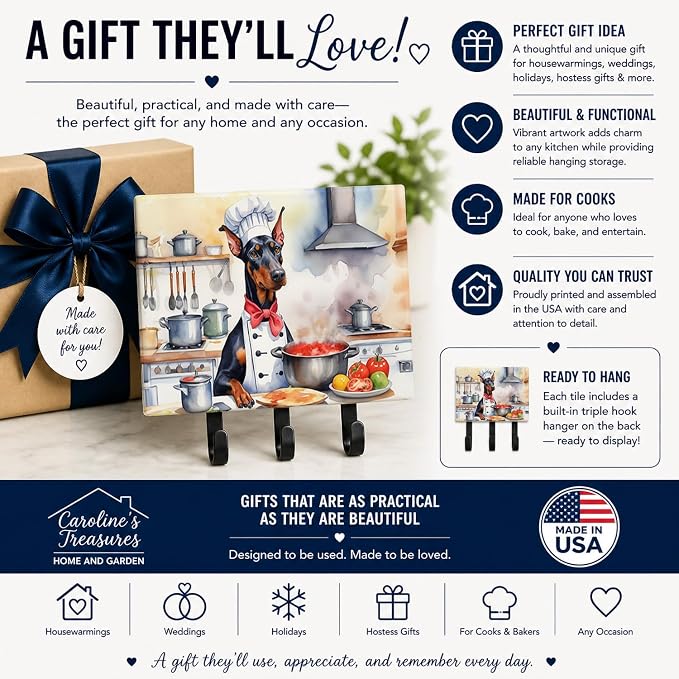 Caroline's Treasures Doberman Pinscher The Chef Leash or Key Holder Wall Hooks, Key Hooks Holder, Coat Rack Wall Mount, Coat Hooks, Hooks for Hanging Keys, Towels, Aprons, Leashes | Doberman Pinscher The Chef artwork on ceramic tile with three steel ho...