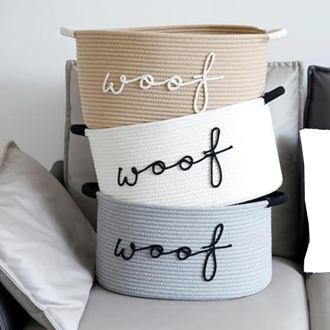 Hand Woven Cotton Rope Dog Toy Storage Basket Featuring Animal Patterns and Strong Handles for Pets