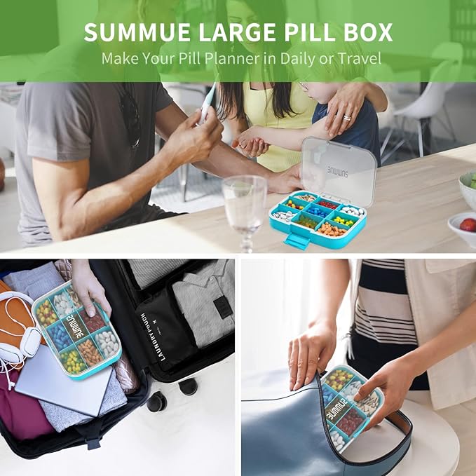 Large Pill Organizer, 9 Compartments Portable Travel Pill Box Case Moisture Proof, XL Pill Container Holder for Vitamins, Cod Liver Oil, Supplements, Medication (Blue)