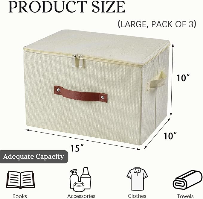 3PCS Storage Bins with Zipper Lid Decorative Lidded Boxes Basket | Cotton Linen Fabric Boxes, Collapsible Shelf Closet Organizer Container, PU Leather Handle, Stackable Washable(Beige, Large)