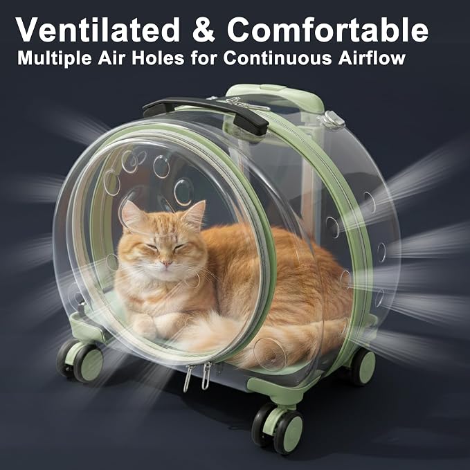 Transparent Hard Shell Cat Carrier with Wheels, Green | Rolling cat carrier, 17-lb max load, Breathable, Telescoping handle, Shoulder strap, Clear pet carrier, Portable, Travel