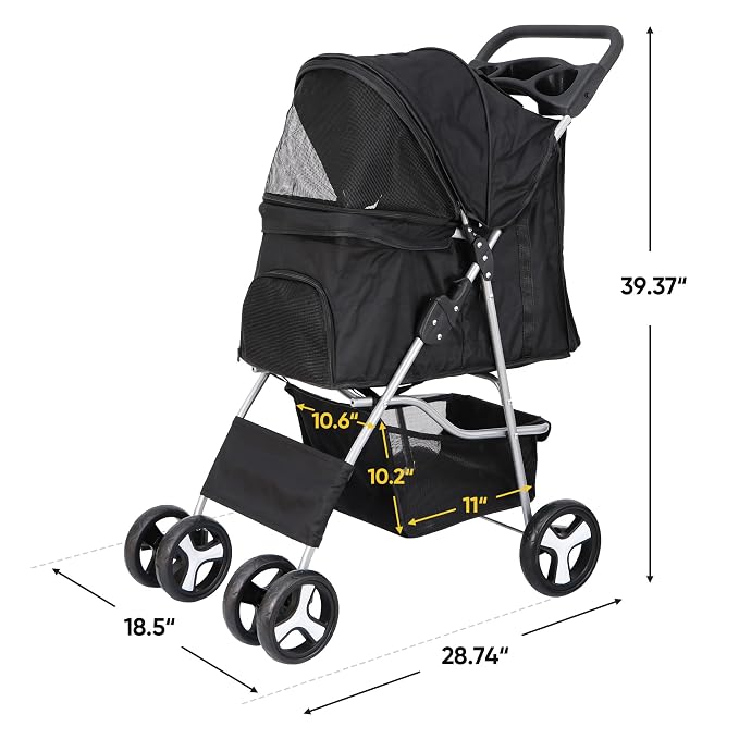 LEMY 4 Wheels Pet Dog Cat Stroller for Small Medium Dogs Cats,Black Foldable Jogger Travel Puppy with Detachable Carrier