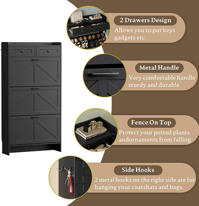 BORNOON Shoe Storage Cabinet for Entryway, Farmhouse Narrow Shoe Cabinet with 3 Flip Drawers & 2 Top Drawers, Adjustable Shelves & Hooks, Freestanding Hidden Rack Organizer for Hallway, Foyer