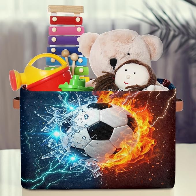 AUUXVA SEULIFE Football Soccer in Fire Water Foldable Storage Basket, Large Collapsible Organizer Storage Bin Cube Toys Storage Boxes with Handles for Bathroom Kids Nursery Closet Storage, 1 Pack