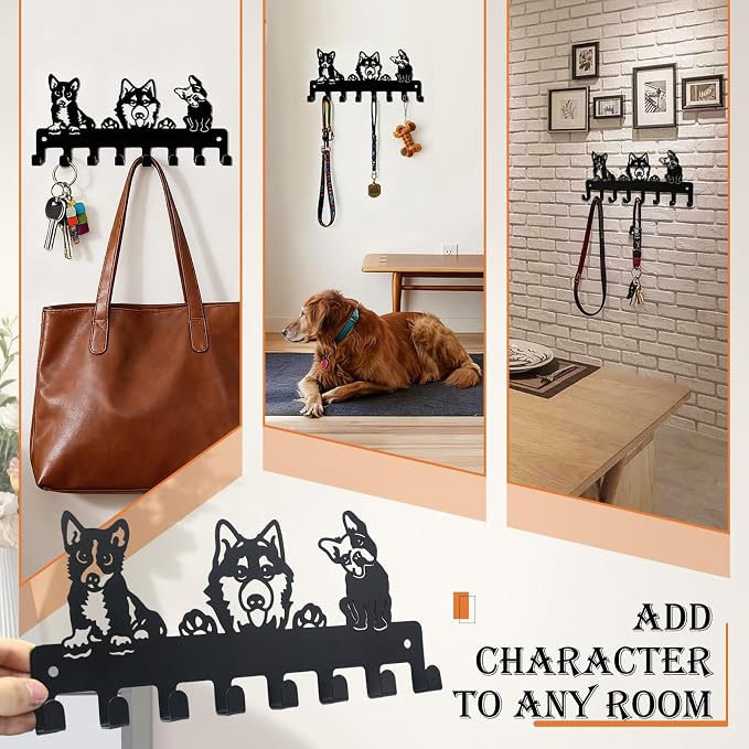 Dog Leash Holder for Wall, 8 Metal Hooks Key Holder Wall Mount, Screw Mounted Pet Leash Organizer for Harnesses Collars Keys Bags, Entryway Mudroom Garage Wall Rack