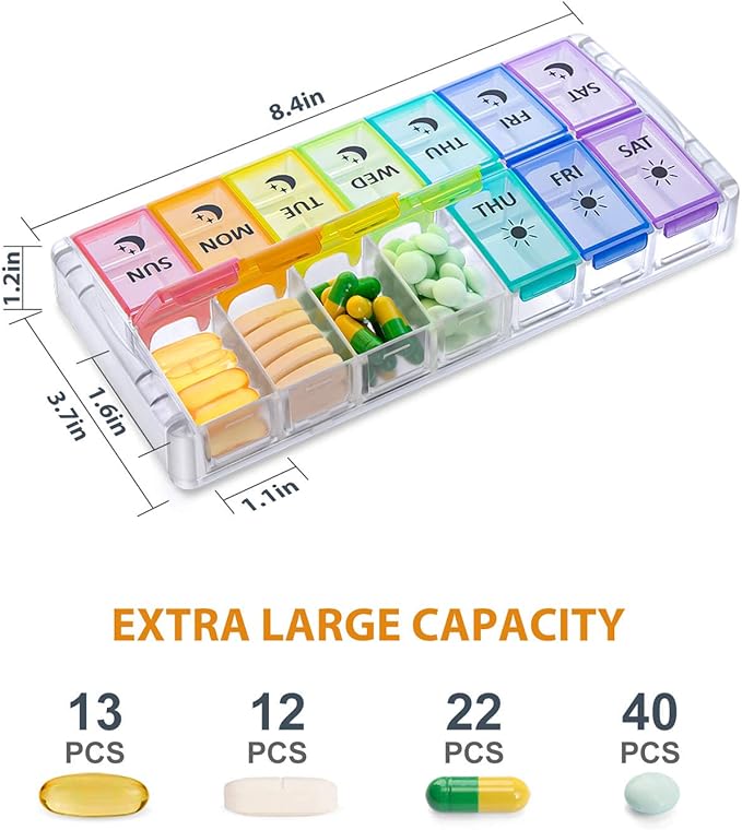 Pill Organizer 2 Times a Day, Fullicon Quick Fill Large Weekly AM PM Pill Box, Medicine Organizer 7 Day, Daily Pill Cases - Rainbow (Patent Registered) (Pack of 2)