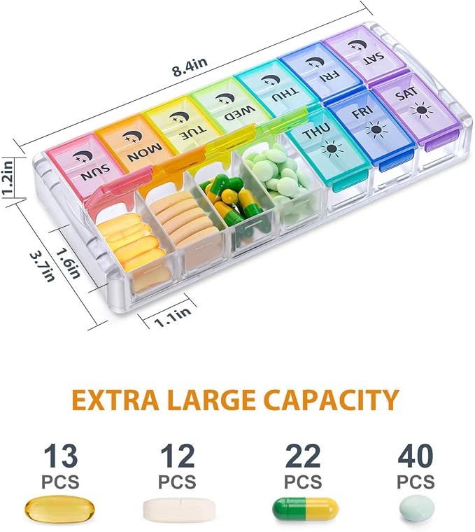 Fullicon Quick Fill, Large Pill Organizer 2 Times a Day, Rainbow Clear | Each Compartment Holds 13 Fish Oils or 12 Vitamins, BPA Free Food Grade Plastic, Prevents Pills Mixing, Two Side Buckle Locks