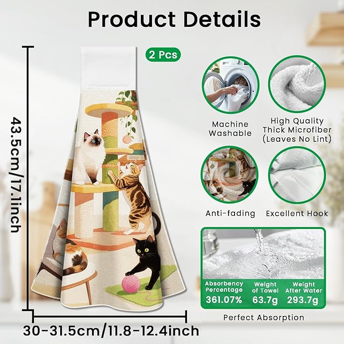 CUTHOLLOW Cat Play and Flowers Hanging Kitchen Towels with Loop, Set of 2 - Soft & Super Absorbent Microfiber Decorative Hanging Dish & Hand Towel, Tea, Coffee Towel for Kitchen Bathroom Oven Handle