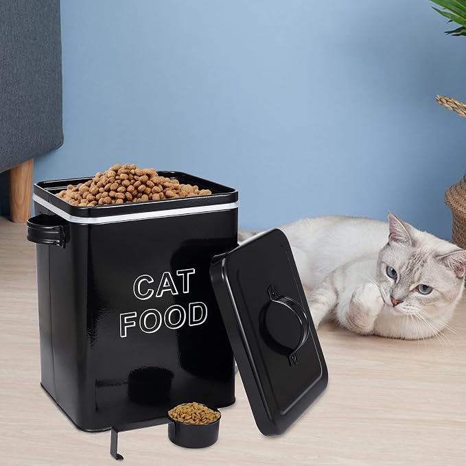Morezi Metal Cat Food Container with Scoop 5-7 lb, Airtight Pet Food Bin | 25 Cups Cat Kibble Canister with Food Scoop, Sturdy Iron Body, Powder Coated, Airtight Bamboo Lid, Two Side Handle-Black