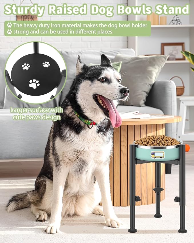 Adjustable Single Raised Dog Food Bowl Stand with 2 Name Stickers | Elevated Dish Holder Fits 6-10inch Wide Dog Bowls, 4 Height Levels for Food and Water, Puppy Medium and Large Breeds