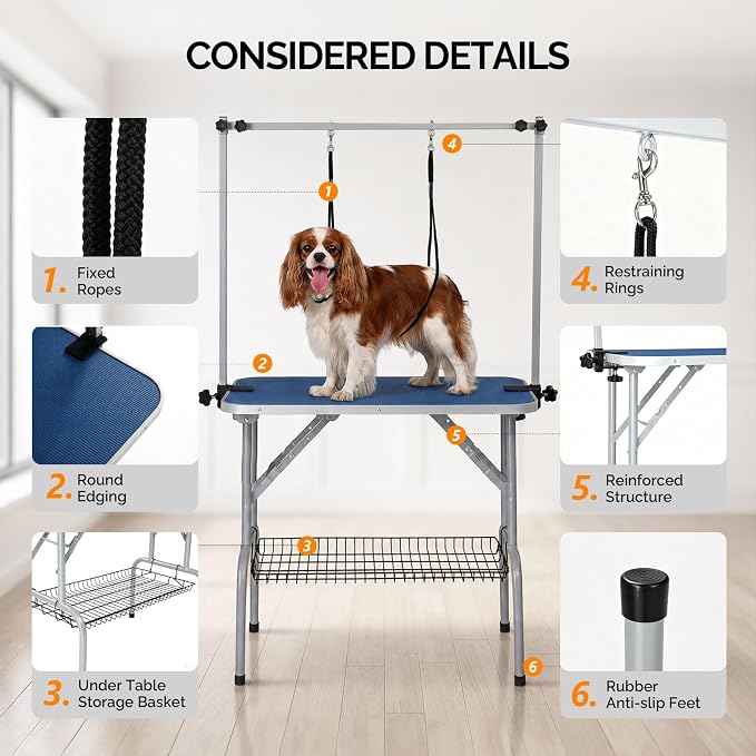 VINGLI Dog Grooming Table, Adjustable Cat Grooming Desktop with Arms and Storage Basket, Pet Grooming Stand at Home (Blue, 32 inch)