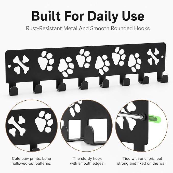 Key Holder Wall Mount & Dog Leash Holder, 8 Hooks 11.81'' × 2.76'' Dog Paws with Dones Design Wall Organizer, Metal Key Rack with Screw Anchors for Entryway, Farmhouse, Kitchen