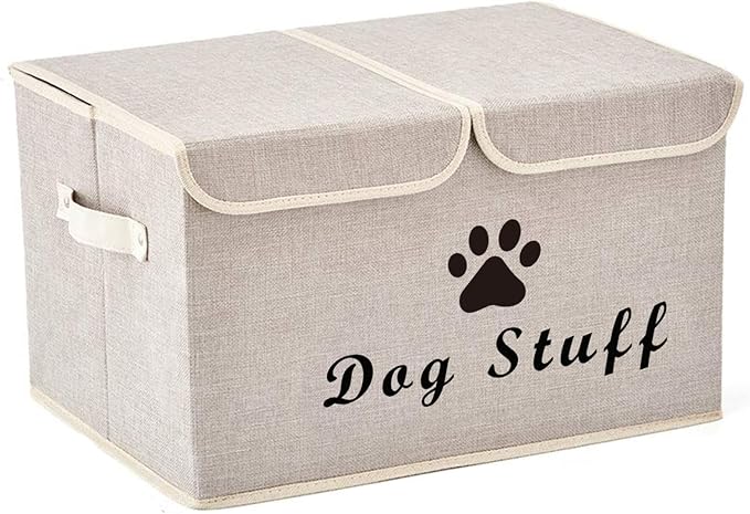 Large Dog Toys Storage Box Canvas Storage Basket Bin Organizer with Lid - Collapsible Linen Bin Ideal for Organizing Dog Cat Toys and pet Stuff-PP Boad-17" x 12" x 10" - Beige