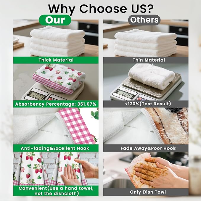 CUTHOLLOW Strawberries Hanging Kitchen Towels with Loop, Set of 2 - Soft & Super Absorbent Microfiber Decorative Hanging Dish & Hand Towel, Tea, Coffee Towel for Kitchen Bathroom Oven Handle