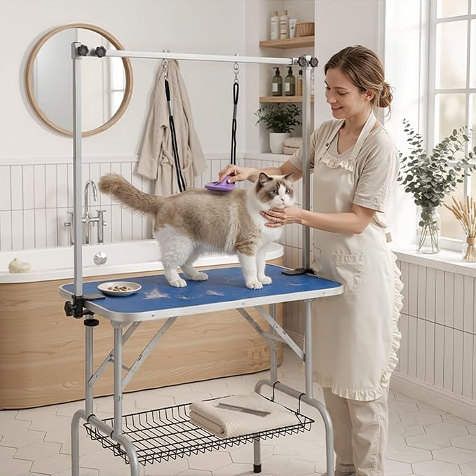 VINGLI Dog Grooming Table, Adjustable Cat Grooming Desktop with Arms and Storage Basket, Pet Grooming Stand at Home (Blue, 32 inch)