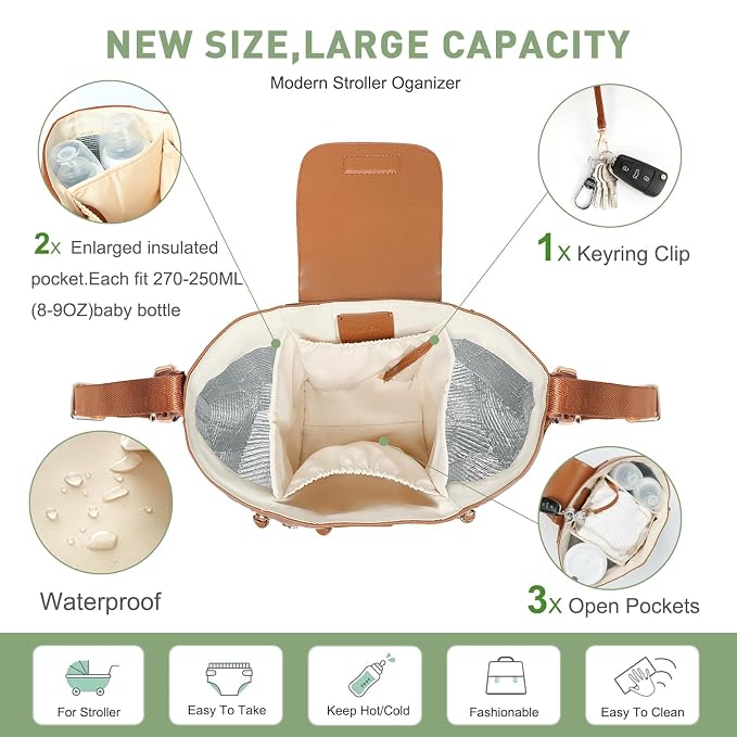 miss fong Universal Stroller Organizer with Insulated Cup Holder Stroller Caddy Baby Storage Bag with Adjustable Strap, Fits for Baby Carriage like Uppababy, Baby Jogger, Britax, Umbrella-Brown