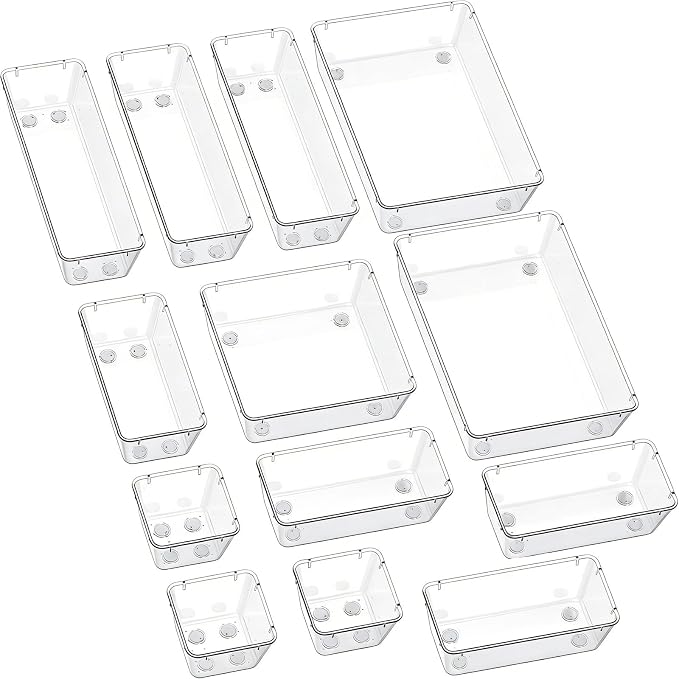 Clear Acrylic Drawer Organizer Trays, 5 Size Junk Box Organization Small Storage Container Bin for Desk Makeup Bathroom Vanity Kitchen Tool Make Up Workspace Home Dorm Apartment Office Room Nightstand