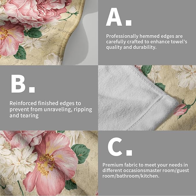 Giwawa Vintage Rose Floral Hand Towels, 15x30 in Set of 2, Retro Pink Flower Leaves Stamp Hair Face Towel Soft Highly Absorbent Shabby Chic Beige Fingertip Towel for Bathroom Girl Woman Guest Gifts