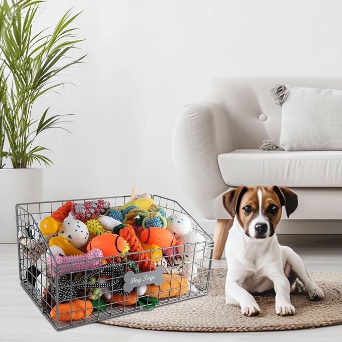 Geyecete Toy box for dogs large Dog Toy organizer Pet wire folding basket DOG TOY container dog toy box-Chew-Proof Dog Food Toy Storage-Gray