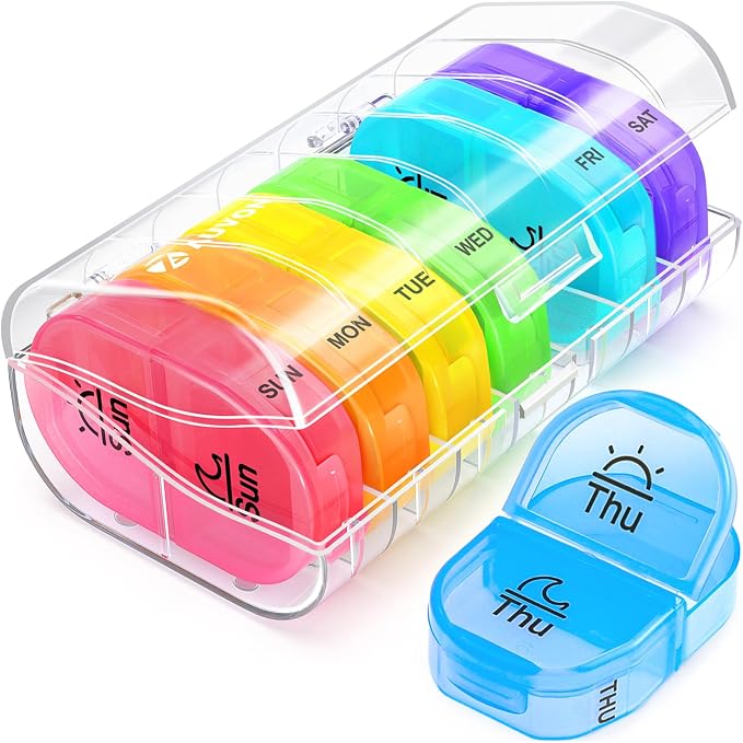AUVON Pill Box 2 Times a Day, 7-Color for Easy Tracking, Dual Protection | Weekly Pill Organizer AM PM with 7 Daily Pocket Case to Hold Vitamin, Medicine, Medication, and Supplement, BPA-free