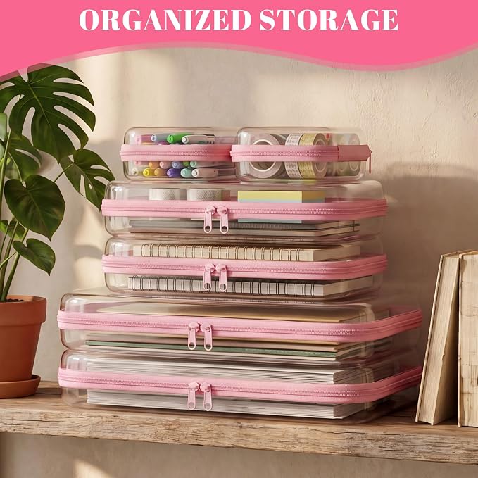 12 Pack Clear Hard Shell Zipper Case with 40 Labels, X-Large/Medium/Small Stackable Clear Pouches, Crush-resistant Travel Toiletry Bag Organizer for Makeup Board Games Electronics (Pink)