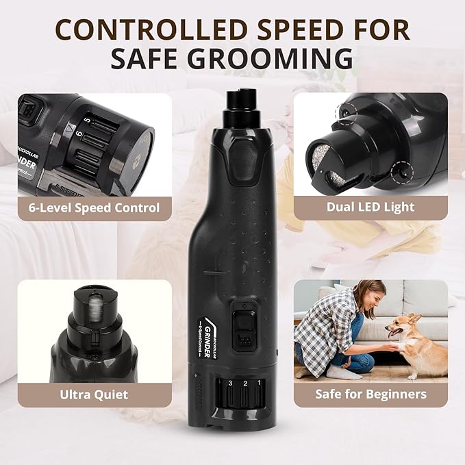 6-Speed Quiet Dog Nail Grinder with LED Light, Low-Vibration Electric Pet Nail Trimmer for Dogs and Cats, Safe Grooming Kit for Beginners, Complete Set with Storage Case