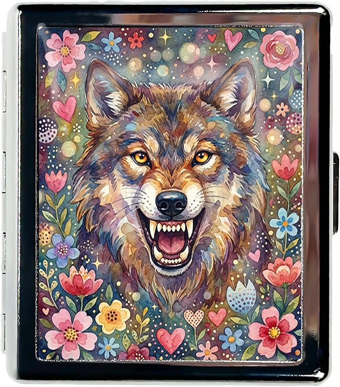 Weekly Pill Organizer, Metal Pill Box with 8 Compartments, Small Travel Pill Case for Purse Pocket, Medicine Vitamin Supplement Organizer (Floral Wolf)